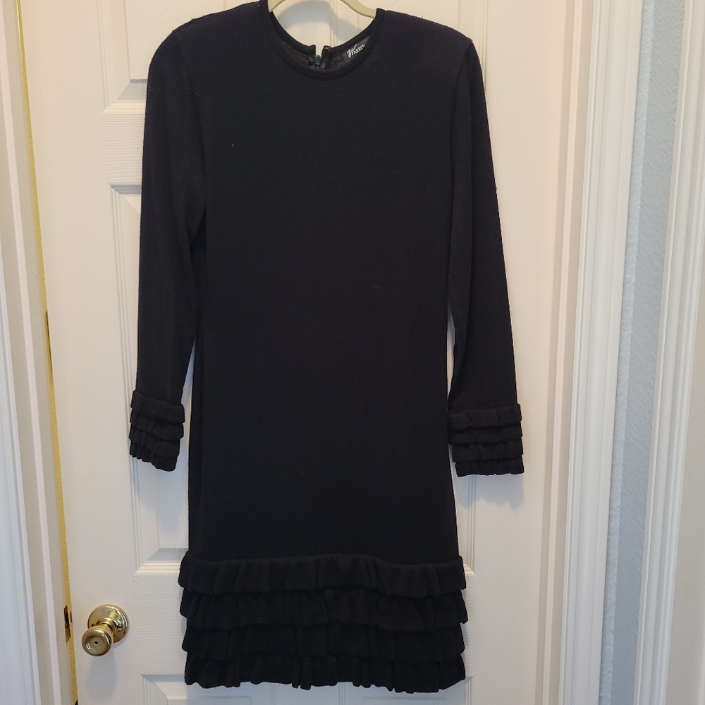 1980s Vintage Black Knit Sweater Dress with Ruffles - Excellent Condition